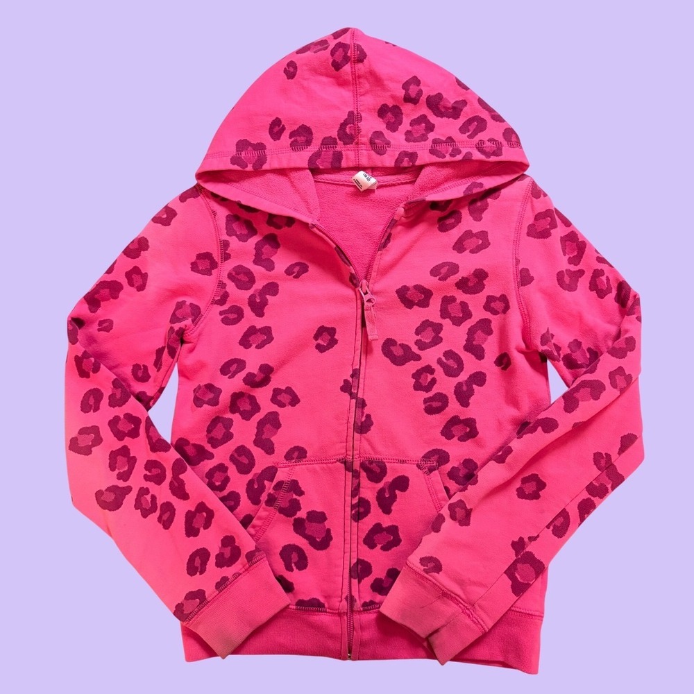 Y2K Old Navy Pink Leopard Zip Up Hoodie Scene Animal Print Sweater #17